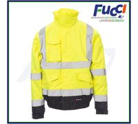 Payper PADDOCK Giubbino Giacca alta visibilità uomo donna 100% Poliestere chiusura zip cappuccio richiudibile tasca porta cellulare badge Giallo Fluo/Blu Navy (L)