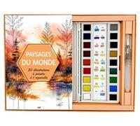 Paysages du monde, 30 illustrations à peindre à l'aquarelle: Coffret avec une palette aquarelle de 18 demi-godets, 1 pinceau-réservoir, 30 illustrations à peindre, 2 nuanciers
