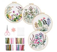 PBUSPU Kit di 4 Ricamo Starter, Kit Ricamo Principianti con Motivi Botanici Floreali,con Istruzioni Telaio da Ricamo Fili e Attrezzi da Ricamo, Artigianato Artistico fai da te Set Ricamo