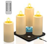 PChero Set di 4 candele a LED ricaricabili con stazione di ricarica, ricaricabili per esterni, impermeabili, con telecomando e funzione timer, per esterni, giardino, Halloween, Natale