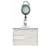 PCL Media ltd Porta badge retrattile nero con moschettone e porta badge a doppio lato, trasparente, rigido, può contenere due carte d'identità e skipass