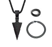 pclapora 3 Pezzi Collana Uomo Vichinga Nero Classica Bracciale Anello, Amuleto del Mito Nordico, Stile Hiphop Punk Collana Uomo, per Lui Coppie Papà Figlio, per Regalo Compleanno