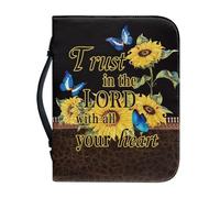 PCSJRKG Copertina per Bibbia da donna, con stampa di girasole, farfalla, con scritta "Trust in the Lord with all your heart", borsa per la Bibbia da donna, in pelle, con cerniera e manico, per