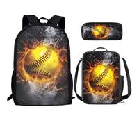 PCSJRKG Fire Water Softball - Set di zaino per bambini con stampa softball, borsa per la scuola per bambini, con portapranzo, astuccio per matite, set leggero per la scuola elementare, nero e giallo