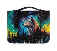 PCSJRKG Galaxy Forest Wolf Custodia per ragazzi e ragazze, con stampa della Bibbia, adatta per chiesa, lavoro o scuola, borsa per la Bibbia da donna in pelle con scomparti per penne e tasca