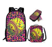 PCSJRKG Zaino da scuola per bambini softball per ragazzi e ragazze, zaino scolastico grande leopardato con borsa per il pranzo e astuccio, set casual da 3 pezzi per libri per studenti per la scuola