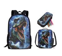 PCSJRKG Zaino scolastico per ragazzi con stampa di dinosauri, set da 3 pezzi con borsa per il pranzo e astuccio, set leggero per adolescenti, grande set di zaini casual per la scuola elementare