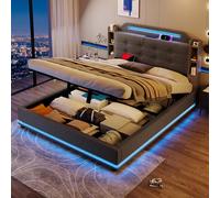 PCXWTLN Letto imbottito 140 x 200 cm, letto singolo imbottito con striscia luminosa a LED, spazio idraulico, più scomparti, senza materasso, USB + Type-C, lino (grigio)