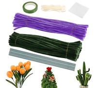 PCXWTLN Set di 136 pulitori per pipa a tulip, colore verde e viola, per fai da te, bouquet con 15 fili verdi per fai da te, regalo per la festa della mamma, bouquet di fiori fai da te