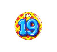 PD-Party 6014719 Compleanno Distintivo/Spillo | Party Badge | Celebrazione | Festa - I'm 19, Multicolore, 5.5cm Lunghezza x 5.5cm Larghezza x 0.5cm Altezza