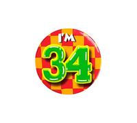 PD-Party 6014734 Compleanno Distintivo/Spillo | Party Badge | Celebrazione | Festa - I'm 34, Multicolore, 5.5cm Lunghezza x 5.5cm Larghezza x 0.5cm Altezza