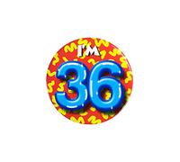 PD-Party 6014736 Compleanno Distintivo/Spillo | Party Badge | Celebrazione | Festa - I'm 36, Multicolore, 5.5cm Lunghezza x 5.5cm Larghezza x 0.5cm Altezza