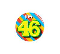 PD-Party 6014746 Compleanno Distintivo/Spillo | Party Badge | Celebrazione | Festa - I'm 46, Multicolore, 5.5cm Lunghezza x 5.5cm Larghezza x 0.5cm Altezza
