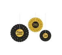 PD-Party - Ventagli di carta Happy Birthday per compleanno - Decorazione compleanno - Decorazione buon compleanno - Decorazione oro nero - Per ogni compleanno - Ventaglio compleanno - Confezione da 3