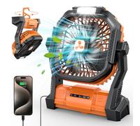 PEBEST Ventilatore a batteria 20000 mAh senza fili, ricaricabile portatile con lanterna a LED, ventilatore da tavolo, batteria USB-C, ventilatore da campeggio per viaggi, arancione