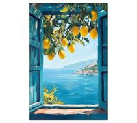 PDFI Stampa artistica da parete con finestra mediterranea con albero di limoni costieri, poster con paesaggio marino blu, immagini moderne per camera da letto, soggiorno, ufficio, decorazione per