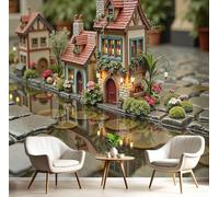 pdghsdkgjh Carta da parati fotografica 3D con case rurali e mondo delle fiabe, tessuto di seta, decorazione da parete per camera da letto, soggiorno, TV, 350 cm x 256 cm