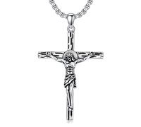 PDTJMTG Collana a croce da uomo in argento Sterling con croce da 55,9 cm + 5,1 cm, in acciaio inossidabile, regalo per uomini e ragazzi, Argento sterling, Nessuna pietra preziosa