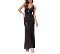 PDYLZWZY Abito lungo all'uncinetto da donna, senza maniche, scollo a V, scava, tinta unita, costume da bagno, copertine da spiaggia, Nero , S
