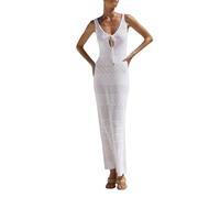 PDYLZWZY Abito lungo all'uncinetto da donna, senza maniche, scollo a V, scava, tinta unita, costume da bagno, copertine da spiaggia, bianco, S