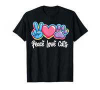 Peace Love Cats, Motivo Floreale, con Zampa di Gatto, Mamma, Simpatica Giornata della Pace Maglietta