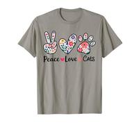 Peace Love Cats, Motivo Floreale, con Zampa di Gatto, Mamma, Simpatica Giornata della Pace Maglietta