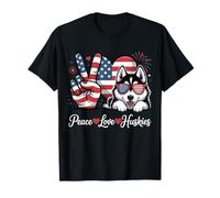Peace Love Huskies USA Flag Dog Lover Patriotic 4 luglio Maglietta
