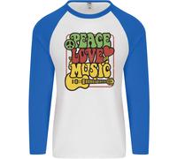 Peace Love Music Chitarra Hippy Flower Power Uomo L/S Maglietta Baseball