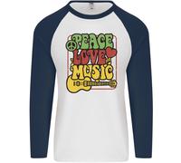 Peace Love Music Chitarra Hippy Flower Power Uomo L/S Maglietta Baseball
