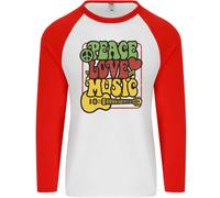 Peace Love Music Chitarra Hippy Flower Power Uomo L/S Maglietta Baseball