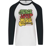 Peace Love Music Chitarra Hippy Flower Power Uomo L/S Maglietta Baseball