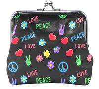 Peace Love - Portamonete in pelle nera, per donne e ragazze, con chiusura a bacio, 11,5 x 10,5 cm