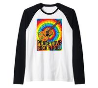 Peace Love Rock N Roll - Chitarra Hippie retrò Anni '70 Tie Dye Maglia con Maniche Raglan