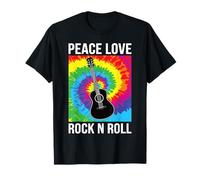 Peace Love Rock N Roll Chitarra Retro Hippie Music Art Design Maglietta