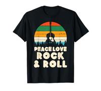 Peace Love Rock N Roll Guitar Retro 80s Hippie Hippi Hippy Maglietta