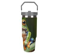 Peace Tree Frog - Bicchiere da viaggio con cannuccia, in acciaio inox isolato, con manico, design a doppia parete, coperchio a prova di perdite, mantiene le bevande calde/fredde per ore