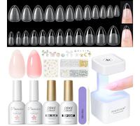 PEACECOLOR 240 Pezzi Unghie Finte con Lampada, 24 Taglie Tip Unghie Ricostruzione con Colla per Unghie, Nude Rosa Smalto Semipermanente Top Coat, Allargamento - Corte & Medie Mandorla