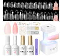 PEACECOLOR Unghie Finte, 240 Pezzi Tip Unghie Corte Mandorla & Medie Mandorla e Mini Lampada, Nude Rosa Semipermanente Unghie Top Coat Colla per Unghie Nail Art Principiante