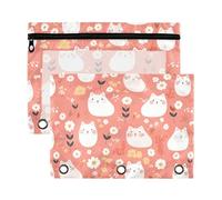 Peach - Buste a molla con motivo gatti bianchi, con finestra trasparente, grande e robusto, astuccio a 3 anelli per riporre studenti scolastici e insegnanti, multicolore, 2 pezzi