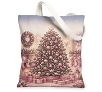 Peach Christmas Tree Holiday Scene Canvas Tote Bag 33 x 38 cm | Texture morbida simile al lino, decorazione per la casa stagionale, idee regalo festive, elegante illustrazione per le