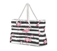 Peach Flamingos Black Stripes Sandproof Large Beach Tote con tasche laterali Borsa per oggetti personali con portabicchieri sul lato