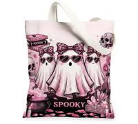 Peach Spooky Ghosts Quote Halloween Canvas Tote Bag 33 x 38 cm | Fiocchi con stampa leopardata, occhiali da sole a forma di cuore, libri di pozioni, teschi, rose, estetica gotica