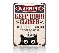 PEACHGARDEN Cartello vintage con gatto nero divertente cartello decorativo di avvertimento Keep Door Closed Don't Let The Cats Out No Matter What They Tell You, cartello artistico retrò per casa