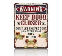 PEACHGARDEN Targa in metallo retrò con scritta in lingua inglese "Keep Door Closed Don't Let The Frogs Out No Matter What They Tell You" (lingua italiana non garantita) in stile vintage, per casa