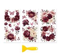 Peacoblue 3 pz Strofinare Su Adesivi Trasferimenti per Mobili Decorativi 6"X12" Fiori di Borgogna Decalcomanie per Mobili Artigianali Per Legno Armadio Porta Muro Cassettiera Tavolo Sedia Vetro