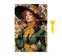 Peacoblue Adesivo per trasferimento a sfregamento per decorazione di mobili e fai da te 15,2 x 30,5 cm Strega con cappello floreale, 3 pezzi impermeabili UV DTF per cassetti, comò, vetro, porcellana