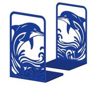 Peacoblue Fermalibri in metallo per scaffali 13,5 × 10,9 × 15,5 cm, delfino blu e onde fermalibri decorativi moderni robusti per ufficio, scaffale o stanza, fermalibri e smaltati, 1 paio