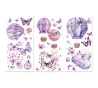 Peacoblue Trasferimenti per artigianato, 3 pezzi, mongolfiera con farfalla, 15 x 30 cm, UV DTF impermeabile, trasferimento per mobili viola per cassettiera, comò, vetro, porcellana, legno, plastica