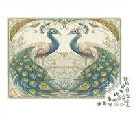 Peacock Art-Vintage Ornamental Design Adult Jigsaw Puzzles Two Peacocks on Golden Frame for The Whole Family Women Gifts for Men 38x26cm/1000pcs
