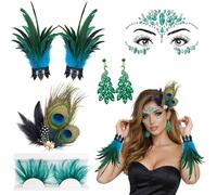 Peacock Costume da donna, set di 6 pezzi, Peacock Feathers Accessories, Peacock Headband for Women,Feather Bracciali, Peacock Feathers Earrings,Green Feather Eyelashes and Glitter Stones Face for